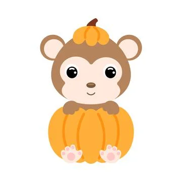 Cute little monkey sitting in a pumpkin. Cartoon animal character for kids t- Illustrazione stock