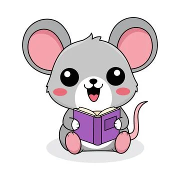 Cute Little Mouse Character Reading a Purple Storybook with a Happy Smile I.. Stock Illustration