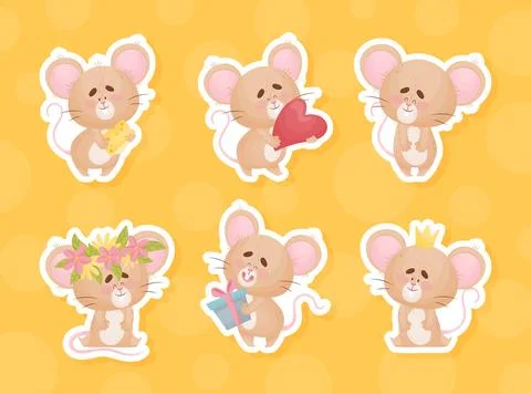 Cute Little Mouse in Different Activity Vector Sticker Set Stock Illustration