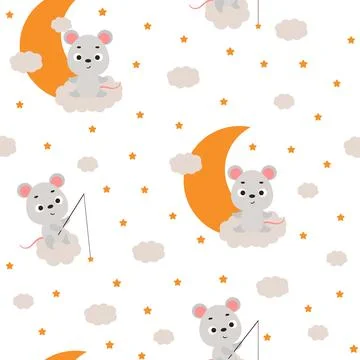 Cute little mouse sitting on cloud and fishing star seamless childish patte.. 库存插图