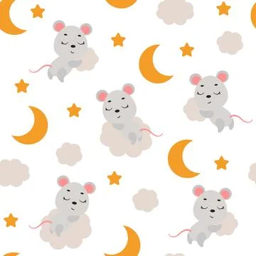 Cute little mouse sleeping on cloud seamless childish pattern. Funny cartoo.. Stock Illustration