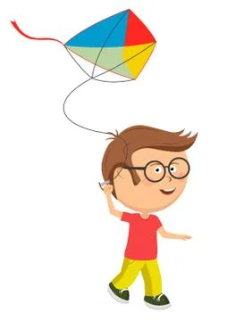 Cute little nerd boy playing with colorful kite Stock Illustration
