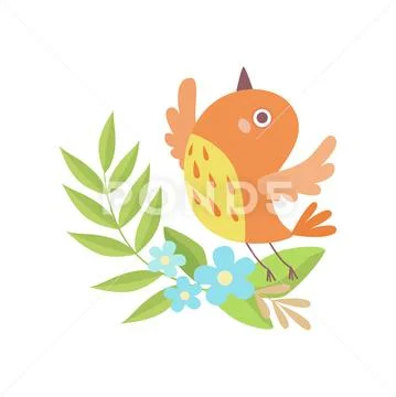 Cute Little Orange Nesting Bird, Symbol Of Spring Vector Illustration