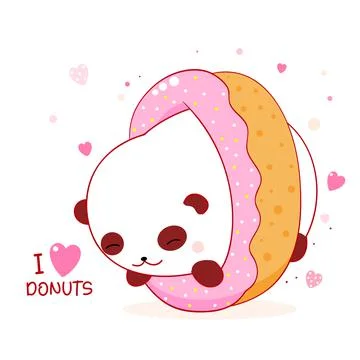 Cute little panda with donut. Square card with lovely fat panda and sweet bak Stock Illustration