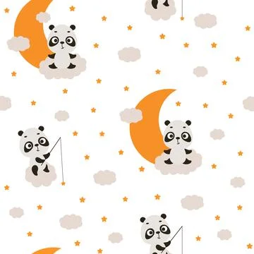 Cute little panda sitting on cloud and fishing star seamless childish patte.. Stock Illustration