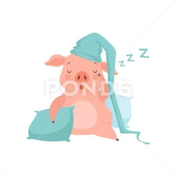 Cute little pig in light blue nightcap sleeping on pillows, funny piglet cartoon Stock Illustration