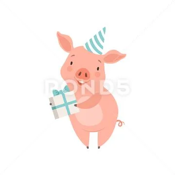 Cute little pig in party hat holding gift box, funny piglet cartoon character Stock Illustration