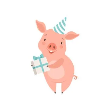 Cute little pig in party hat holding gift box, funny piglet cartoon character Stock Illustration