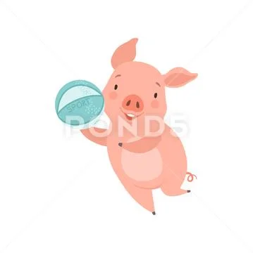 Cute little pig playing with ball, funny piglet cartoon character having fun Stock Illustration