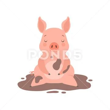 Cute little pig sitting in a dirty puddle, funny piglet cartoon character vector Stock Illustration