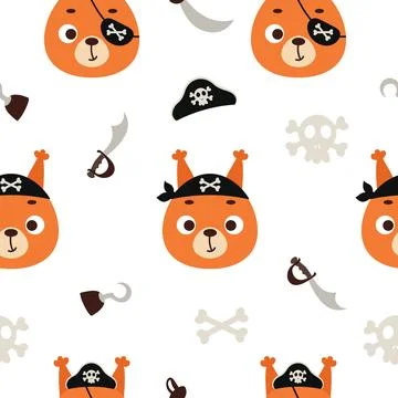Cute little pirate squirrel head seamless childish pattern. Funny cartoon a.. Illustrazione stock