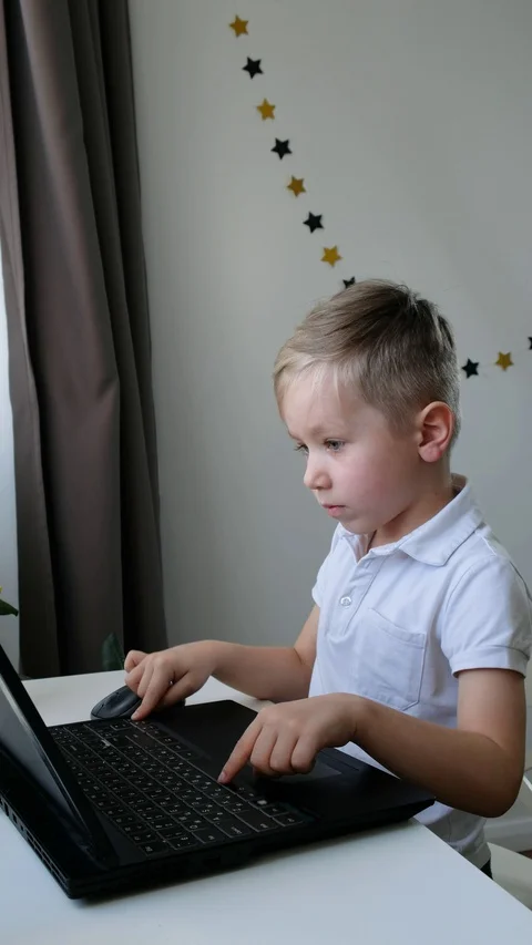 Cute little preschool boy learning on computer, distance education concept Stock Footage 129019260