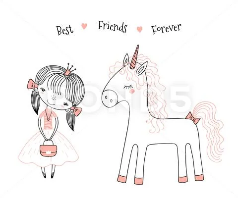 Cute little princess and unicorn Stock Illustration
