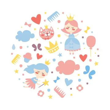 Cute Little Princess Seamless Pattern of Circular Shape, Baby Shower, Birthday Stock Illustration