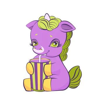 Cute little purple unicorn drinks Stock Illustration