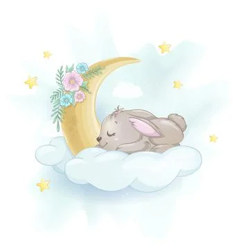 Cute little rabbit sleeping on a cloud Stock Illustration