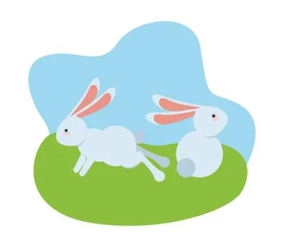 Cute little rabbits easter animals seated and jumping in the camp scene Stock Illustration