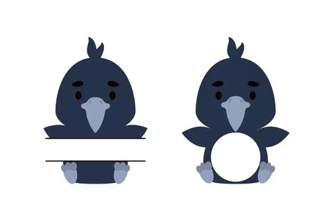 Cute little raven split monogram. Funny cartoon character for kids t-shirts,  Stock Illustration
