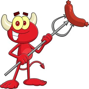 Cute Little Red Devil Cartoon Character With Grilled Sausages In Pitchfork Stock Illustration