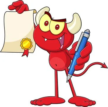 Cute Little Red Devil Cartoon Character Holds Up A Contract Stock Illustration