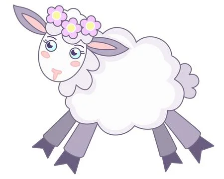 Cute little sheep running - vector full color picture. A lamb with a wreath on i Illustrazione stock