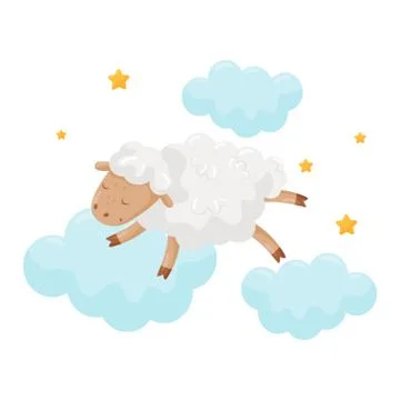 Cute little sheep sleeping on a cloud, lovely animal cartoon character, good Stock Illustration