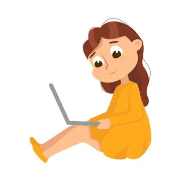 Cute Little Sitting on Floor Using Laptop Computer, Online Education or Courses 스톡 일러스트