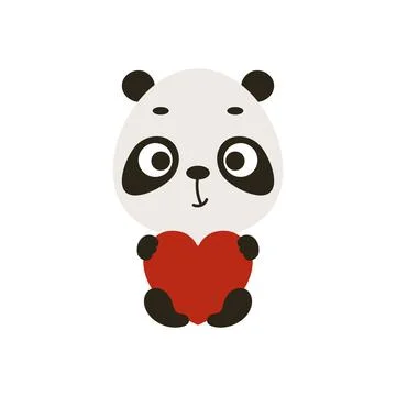 Cute little sitting panda keep hart on white background. Cartoon animal chara Stock Illustration