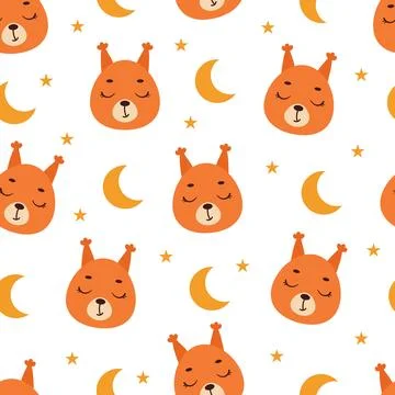 Cute little slipping squirrel head seamless childish pattern. Funny cartoon.. Illustrazione stock