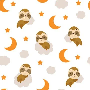 Cute little sloth sleeping on cloud seamless childish pattern. Funny cartoo.. Illustrazione stock