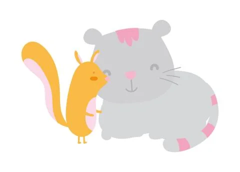 Cute little squirrel and gray cat catoon animals Stock Illustration