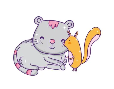 Cute little squirrel and gray cat catoon animals Stock Illustration