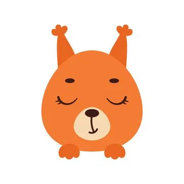 Cute little squirrel face with closed eyes. Cartoon animal character for kids Stock Illustration