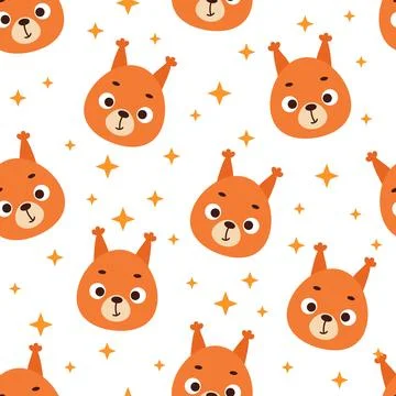 Cute little squirrel head seamless childish pattern. Funny cartoon animal c.. Illustrazione stock