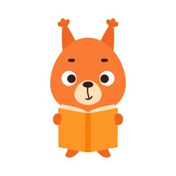 Cute little squirrel reading book on white background. Cartoon animal charact Stock Illustration