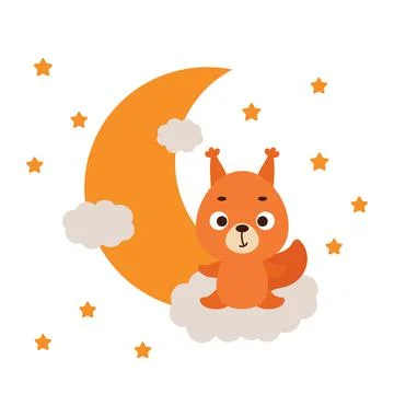 Cute little squirrel sitting on cloud. Cartoon animal character for kids t-sh Stock Illustration