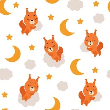 Cute little squirrel sitting on cloud and fishing star seamless childish pa.. Stock Illustration