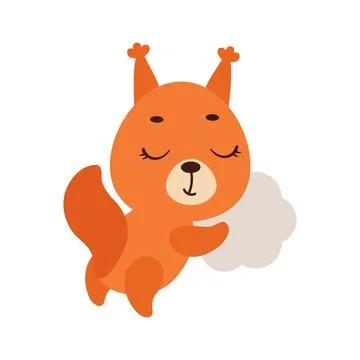 Cute little squirrel sleeping on cloud. Cartoon animal character for kids t-s Stock Illustration