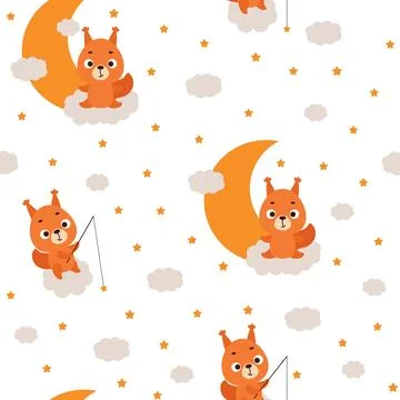 Cute little squirrel sleeping on cloud seamless childish pattern. Funny car.. Stock Illustration