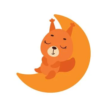 Cute little squirrel sleeping on moon. Cartoon animal character for kids t-sh 스톡 일러스트