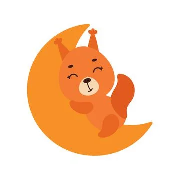Cute little squirrel sleeping on moon. Cartoon animal character for kids t-sh Stock Illustration