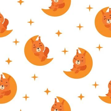 Cute little squirrel sleeping on moon seamless childish pattern. Funny cart.. Illustrazione stock