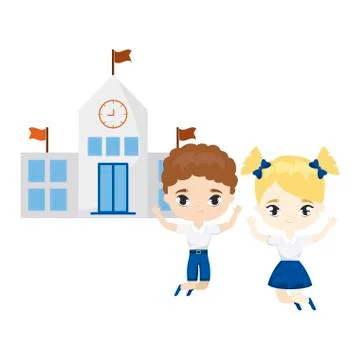 Cute little students in front of school Ilustración de archivo
