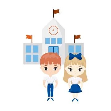 Cute little students in front of school Ilustración de archivo