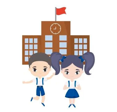 Cute little students in front of school Ilustración de archivo