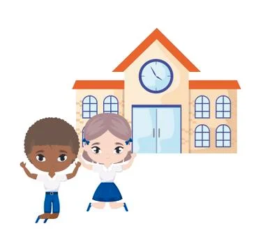 Cute little students in front of school Ilustración de archivo