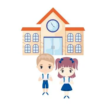 Cute little students in front of school Ilustración de archivo