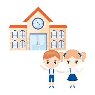 Cute little students in front of school Ilustración de archivo