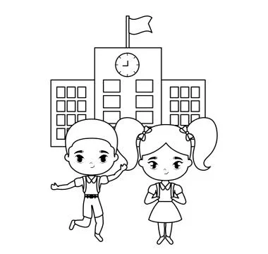 Cute little students in front of school Ilustración de archivo