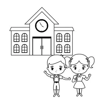 Cute little students in front of school Ilustración de archivo